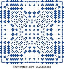 Ornamental azulejo portugal tiles decor. Bathroom design. Vector seamless pattern collage. Blue gorgeous flower folk print for linens, smartphone cases, scrapbooking, bags or T-shirts.