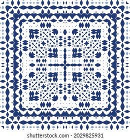 Ornamental azulejo portugal tiles decor. Graphic design. Vector seamless pattern texture. Blue gorgeous flower folk print for linens, smartphone cases, scrapbooking, bags or T-shirts.