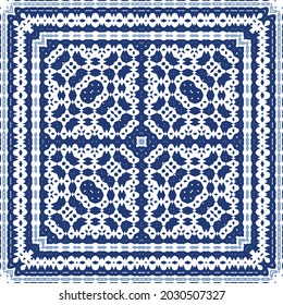 Ornamental azulejo portugal tiles decor. Graphic design. Vector seamless pattern texture. Blue gorgeous flower folk print for linens, smartphone cases, scrapbooking, bags or T-shirts.