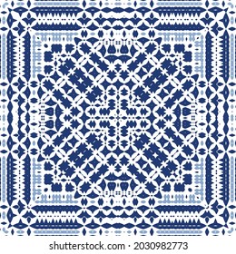 Ornamental azulejo portugal tiles decor. Graphic design. Vector seamless pattern texture. Blue gorgeous flower folk print for linens, smartphone cases, scrapbooking, bags or T-shirts.