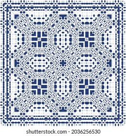 Ornamental azulejo portugal tiles decor. Graphic design. Vector seamless pattern texture. Blue gorgeous flower folk print for linens, smartphone cases, scrapbooking, bags or T-shirts.