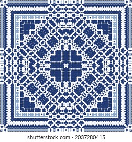 Ornamental azulejo portugal tiles decor. Graphic design. Vector seamless pattern texture. Blue gorgeous flower folk print for linens, smartphone cases, scrapbooking, bags or T-shirts.