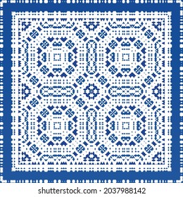 Ornamental azulejo portugal tiles decor. Fashionable design. Vector seamless pattern texture. Blue gorgeous flower folk print for linens, smartphone cases, scrapbooking, bags or T-shirts.