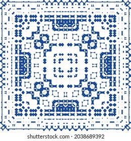 Ornamental azulejo portugal tiles decor. Bathroom design. Vector seamless pattern collage. Blue gorgeous flower folk print for linens, smartphone cases, scrapbooking, bags or T-shirts.