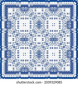 Ornamental azulejo portugal tiles decor. Fashionable design. Vector seamless pattern texture. Blue gorgeous flower folk print for linens, smartphone cases, scrapbooking, bags or T-shirts.