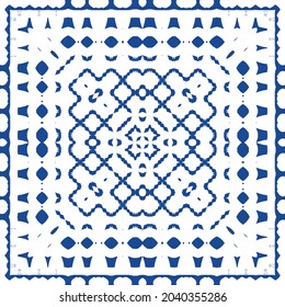 Ornamental azulejo portugal tiles decor. Bathroom design. Vector seamless pattern collage. Blue gorgeous flower folk print for linens, smartphone cases, scrapbooking, bags or T-shirts.