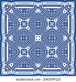 Ornamental azulejo portugal tiles decor. Fashionable design. Vector seamless pattern texture. Blue gorgeous flower folk print for linens, smartphone cases, scrapbooking, bags or T-shirts.