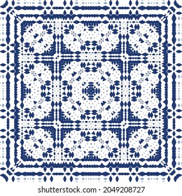 Ornamental azulejo portugal tiles decor. Graphic design. Vector seamless pattern texture. Blue gorgeous flower folk print for linens, smartphone cases, scrapbooking, bags or T-shirts.