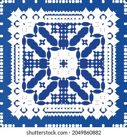 Ornamental azulejo portugal tiles decor. Fashionable design. Vector seamless pattern texture. Blue gorgeous flower folk print for linens, smartphone cases, scrapbooking, bags or T-shirts.