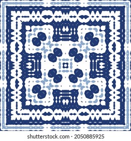 Ornamental azulejo portugal tiles decor. Graphic design. Vector seamless pattern texture. Blue gorgeous flower folk print for linens, smartphone cases, scrapbooking, bags or T-shirts.