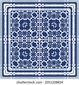 Ornamental azulejo portugal tiles decor. Graphic design. Vector seamless pattern texture. Blue gorgeous flower folk print for linens, smartphone cases, scrapbooking, bags or T-shirts.