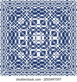 Ornamental azulejo portugal tiles decor. Graphic design. Vector seamless pattern texture. Blue gorgeous flower folk print for linens, smartphone cases, scrapbooking, bags or T-shirts.