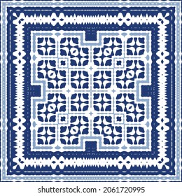 Ornamental azulejo portugal tiles decor. Graphic design. Vector seamless pattern texture. Blue gorgeous flower folk print for linens, smartphone cases, scrapbooking, bags or T-shirts.