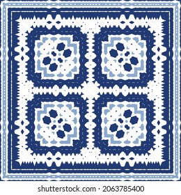 Ornamental azulejo portugal tiles decor. Graphic design. Vector seamless pattern texture. Blue gorgeous flower folk print for linens, smartphone cases, scrapbooking, bags or T-shirts.
