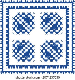Ornamental azulejo portugal tiles decor. Bathroom design. Vector seamless pattern collage. Blue gorgeous flower folk print for linens, smartphone cases, scrapbooking, bags or T-shirts.