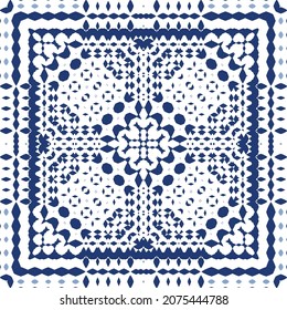 Ornamental azulejo portugal tiles decor. Graphic design. Vector seamless pattern texture. Blue gorgeous flower folk print for linens, smartphone cases, scrapbooking, bags or T-shirts.