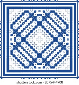 Ornamental azulejo portugal tiles decor. Bathroom design. Vector seamless pattern collage. Blue gorgeous flower folk print for linens, smartphone cases, scrapbooking, bags or T-shirts.