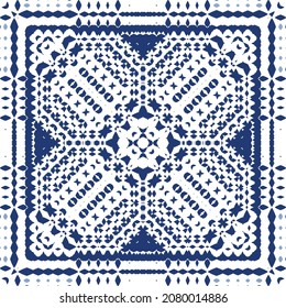 Ornamental azulejo portugal tiles decor. Graphic design. Vector seamless pattern texture. Blue gorgeous flower folk print for linens, smartphone cases, scrapbooking, bags or T-shirts.