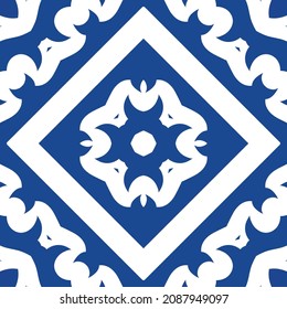 Ornamental azulejo portugal tiles decor. Hand drawn design. Vector seamless pattern template. Blue gorgeous flower folk print for linens, smartphone cases, scrapbooking, bags or T-shirts.