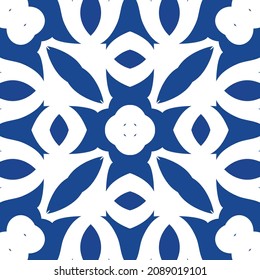 Ornamental azulejo portugal tiles decor. Hand drawn design. Vector seamless pattern template. Blue gorgeous flower folk print for linens, smartphone cases, scrapbooking, bags or T-shirts.