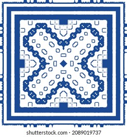 Ornamental azulejo portugal tiles decor. Bathroom design. Vector seamless pattern collage. Blue gorgeous flower folk print for linens, smartphone cases, scrapbooking, bags or T-shirts.