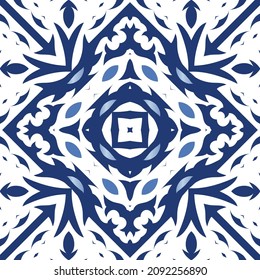 Ornamental azulejo portugal tiles decor. Vector seamless pattern watercolor. Modern design. Blue gorgeous flower folk print for linens, smartphone cases, scrapbooking, bags or T-shirts.