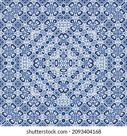 Ornamental azulejo portugal tiles decor. Vector seamless pattern flyer. Bathroom design. Blue gorgeous flower folk print for linens, smartphone cases, scrapbooking, bags or T-shirts.