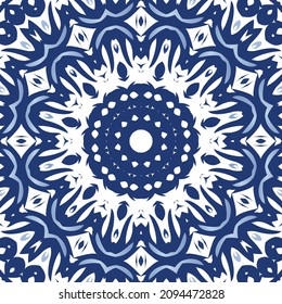 Ornamental azulejo portugal tiles decor. Vector seamless pattern trellis. Kitchen design. Blue gorgeous flower folk print for linens, smartphone cases, scrapbooking, bags or T-shirts.