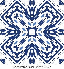 Ornamental azulejo portugal tiles decor. Vector seamless pattern watercolor. Modern design. Blue gorgeous flower folk print for linens, smartphone cases, scrapbooking, bags or T-shirts.