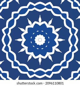 Ornamental azulejo portugal tiles decor. Vector seamless pattern frame. Universal design. Blue gorgeous flower folk print for linens, smartphone cases, scrapbooking, bags or T-shirts.