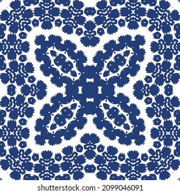 Ornamental azulejo portugal tiles decor. Vector seamless pattern trellis. Kitchen design. Blue gorgeous flower folk print for linens, smartphone cases, scrapbooking, bags or T-shirts.