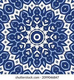 Ornamental azulejo portugal tiles decor. Vector seamless pattern trellis. Kitchen design. Blue gorgeous flower folk print for linens, smartphone cases, scrapbooking, bags or T-shirts.
