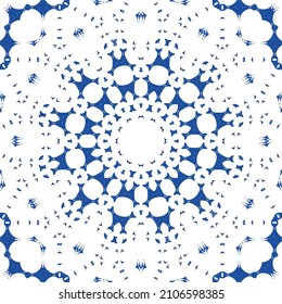 Ornamental azulejo portugal tiles decor. Vector seamless pattern watercolor. Bathroom design. Blue gorgeous flower folk print for linens, smartphone cases, scrapbooking, bags or T-shirts.