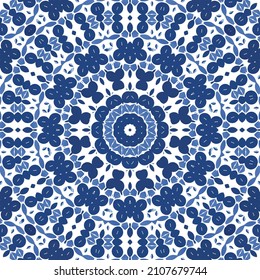 Ornamental azulejo portugal tiles decor. Vector seamless pattern watercolor. Bathroom design. Blue gorgeous flower folk print for linens, smartphone cases, scrapbooking, bags or T-shirts.
