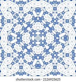 Ornamental azulejo portugal tiles decor. Fashionable design. Vector seamless pattern concept. Blue gorgeous flower folk print for linens, smartphone cases, scrapbooking, bags or T-shirts.