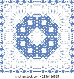 Ornamental azulejo portugal tiles decor. Fashionable design. Vector seamless pattern concept. Blue gorgeous flower folk print for linens, smartphone cases, scrapbooking, bags or T-shirts.