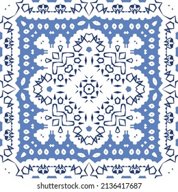 Ornamental azulejo portugal tiles decor. Fashionable design. Vector seamless pattern concept. Blue gorgeous flower folk print for linens, smartphone cases, scrapbooking, bags or T-shirts.