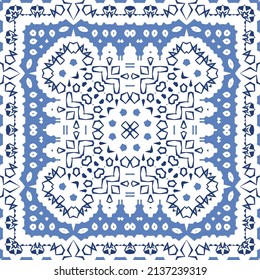 Ornamental azulejo portugal tiles decor. Fashionable design. Vector seamless pattern concept. Blue gorgeous flower folk print for linens, smartphone cases, scrapbooking, bags or T-shirts.