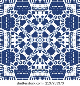Ornamental azulejo portugal tiles decor. Vector seamless pattern watercolor. Bathroom design. Blue gorgeous flower folk print for linens, smartphone cases, scrapbooking, bags or T-shirts.