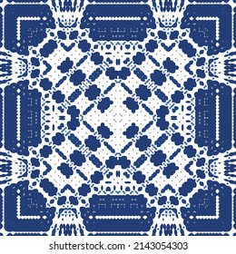 Ornamental azulejo portugal tiles decor. Vector seamless pattern watercolor. Bathroom design. Blue gorgeous flower folk print for linens, smartphone cases, scrapbooking, bags or T-shirts.