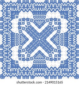 Ornamental azulejo portugal tiles decor. Fashionable design. Vector seamless pattern concept. Blue gorgeous flower folk print for linens, smartphone cases, scrapbooking, bags or T-shirts.