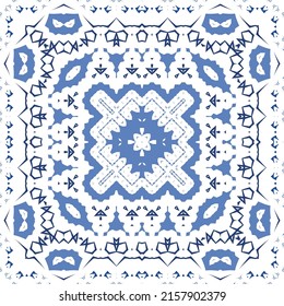 Ornamental azulejo portugal tiles decor. Fashionable design. Vector seamless pattern concept. Blue gorgeous flower folk print for linens, smartphone cases, scrapbooking, bags or T-shirts.