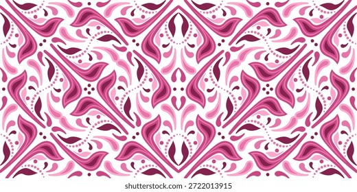 Ornamental background in ethnic style. Complex kaleidoscope ornament. Seamless pattern of curved lines and shapes. Mosaic tile decor in folk style and red pink colors.