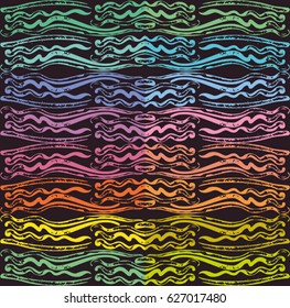Ornamental background. Hand drawn bright symmetrical waves in ethno style. Can be used as a seamless pattern.
