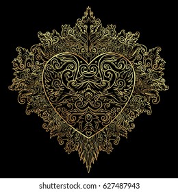 Ornamental Balinese style heart.  Vector Valentine's day ornate outline illustration isolated. Hindu ethnic symbol, tattoo art, yoga, Bali spiritual design for print, posters, t-shirts, textiles.