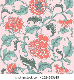 Ornamental beautiful coral color antique floral pattern with peonies. Vector illustration, asian texture for printing on packaging, textiles, paper, covers, manufacturing, wallpapers. 