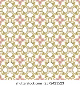 Ornamental beautiful floral vector seamless pattern with intricate lines, flowers, swirls, greek key meander, leaves. Modern white background with golden line art abstract ornaments. Endless texture.