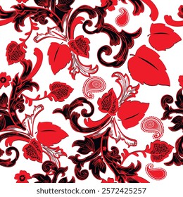 Ornamental beautiful floral vector seamless pattern with Paisley flowers, intricate lines, swirls, leaves. Modern white background with red line art ethnic style ornaments. Endless ornate texture.