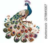 Ornamental beautiful textured peacock. Embroidery style colorful bright peacock bird. Vector ornate white background illustration with multicolor exotic royal peacock bird. Luxury tail.