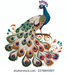 Bonito pavo real ornamental texturado. Un pájaro pavo real colorido y brillante de estilo bordado. Ilustración de fondo blanco ornamentado con pájaro pavo real multicolor. Cola de lujo.